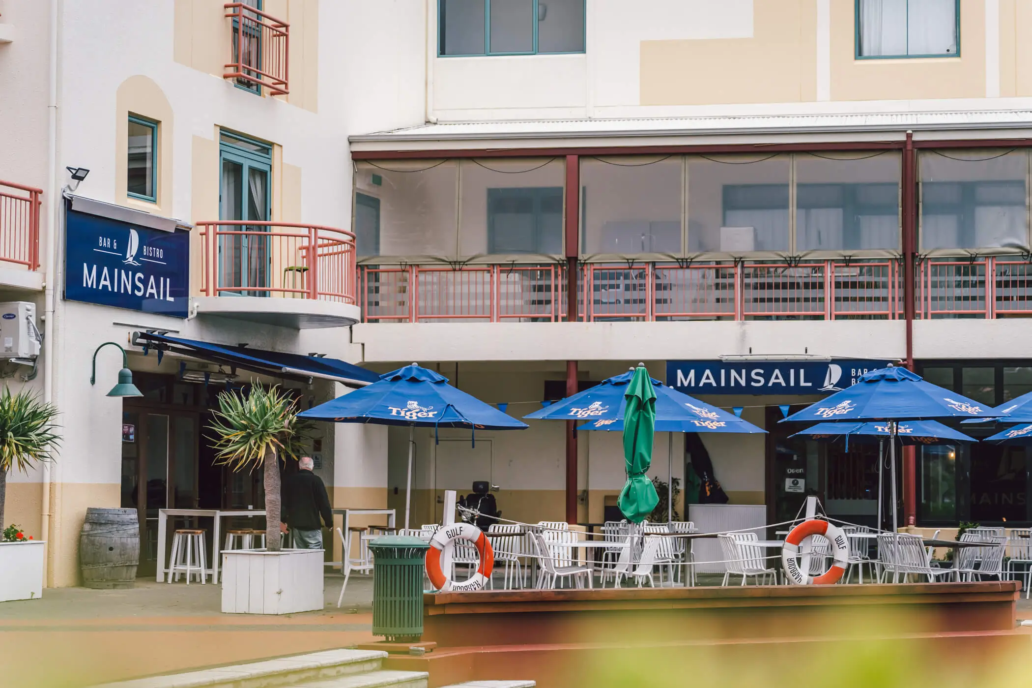 Mainsail outdoor terrace overlooking the Gulf Harbour canal